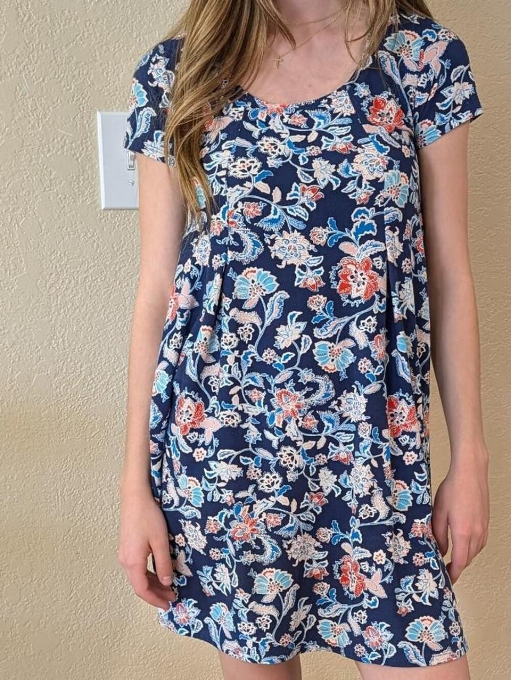 Pink Rose Navy and Light Blue Paisley Floral Boat Neck Dress
